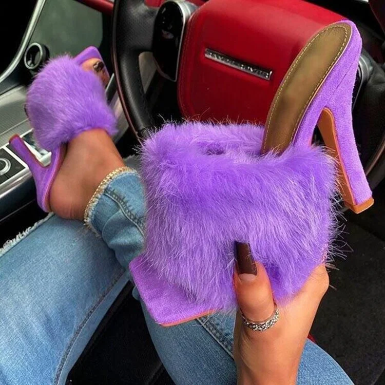 

2021 Summer new sexy feather thin high heels stiletto heel Mules sandals fur Sandals square toe lady slides shoes, Blue,pink,purple,coffee