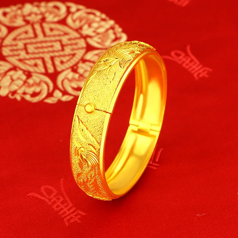 

Drop Shipping 14K Gold Bracelet Women's Wedding Jewelry Gift for Bride Female Bangles Opening Charms Dragon & Phoenix New Year