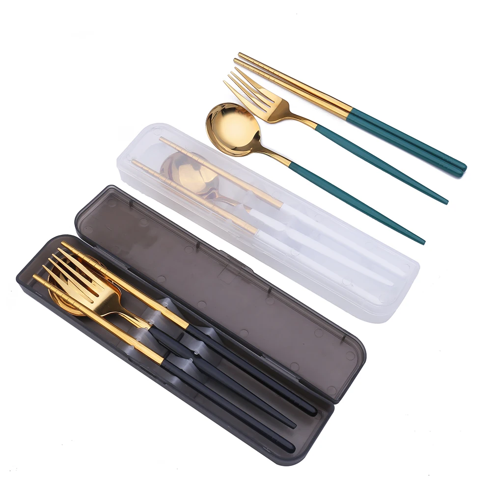 

Outdoor Portable Travel 3 PCS Stainless Steel Fork Spoon Chopsticks Cutlery Flatware Set With Transparent Case