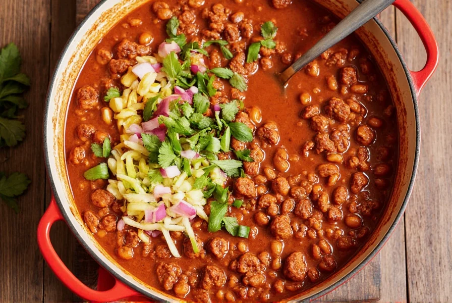 One-pot beef chili simmering with fresh toppings