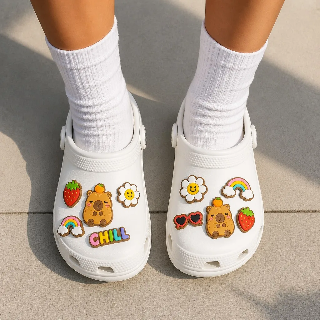 Clog charms worn on foot with white socks in everyday settings