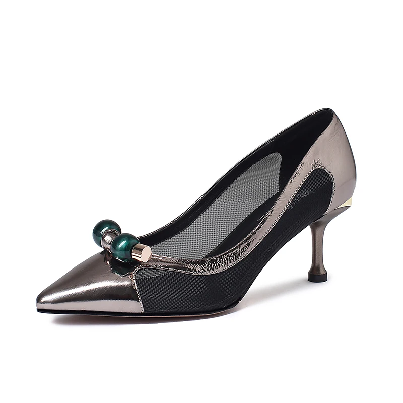 

K075 Cow leather&mesh women thin heels dress shoes ladies 2020, Sliver/gray