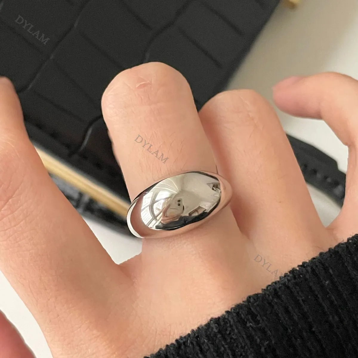 

Dylam luxury real 925 silver adjustable punk ring baguette sterling silver rings hollow base open size chunky ring silver