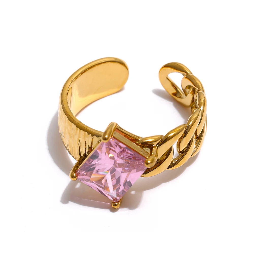 

Yhpup Trendy Metal 18K Gold Plated Copper Opening Finger Ring Luxury Pink Cubic Zirconia Ring