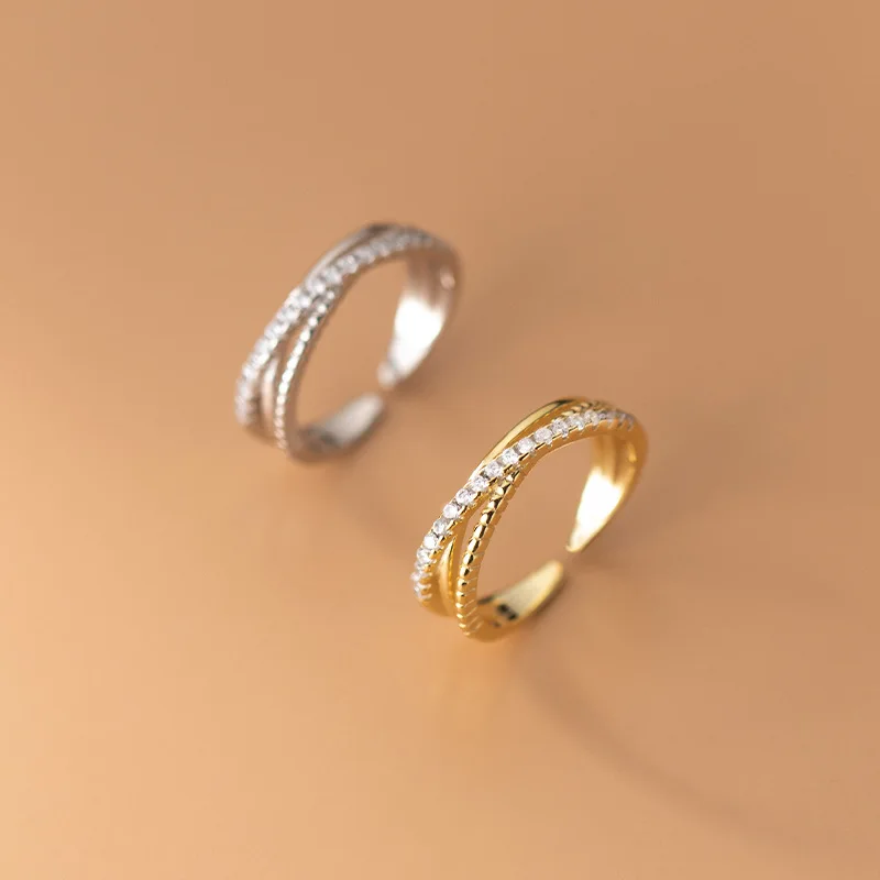 Fashion Jewelry 925 Sterling Silver Rings Three Layer Cross Diamond Zircon Gold Plated Open Rings for Women