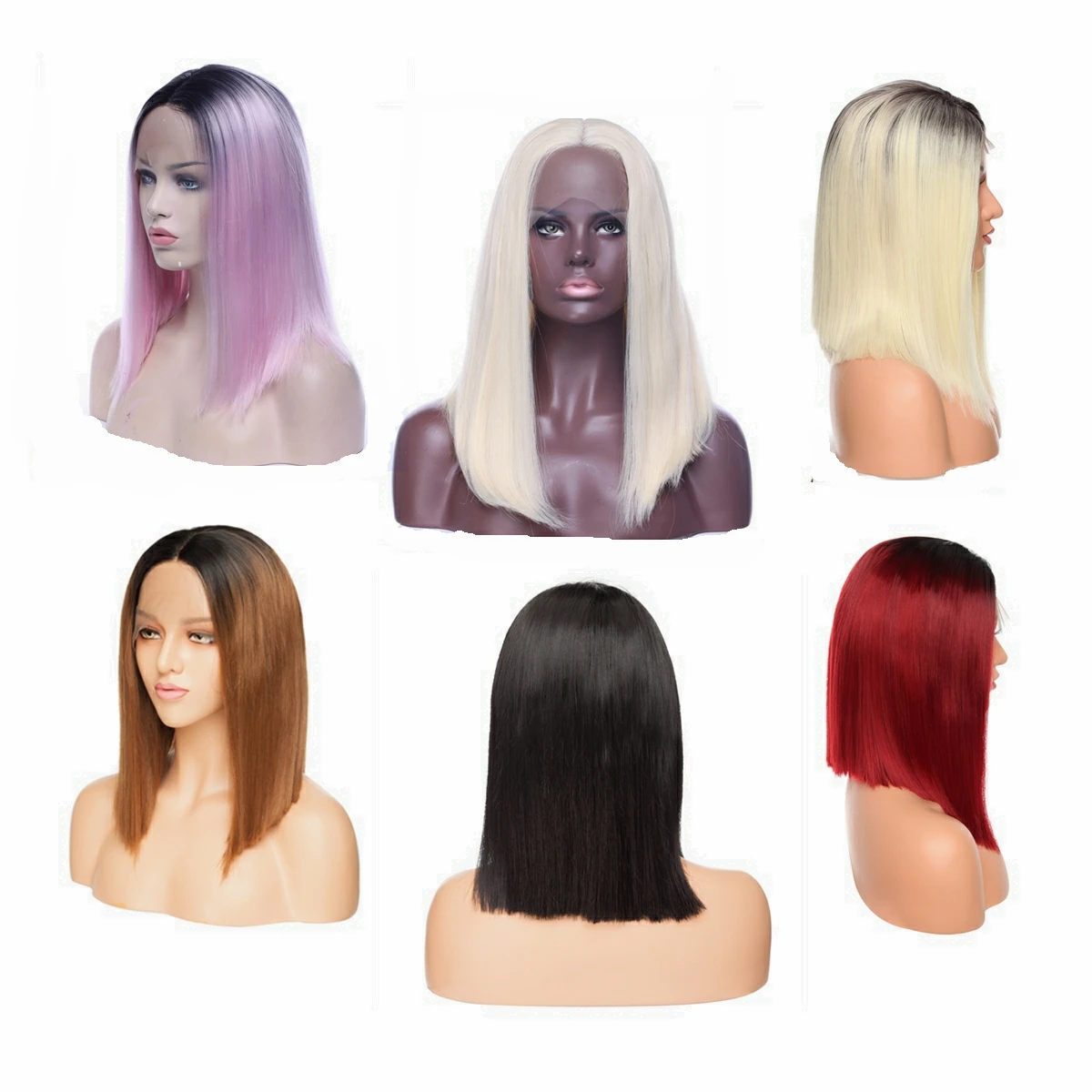 

14'' pink ash blonde red ombre color wigs heat resistant synthetic hair fiber blunt cut side middle part BOB lace front wig