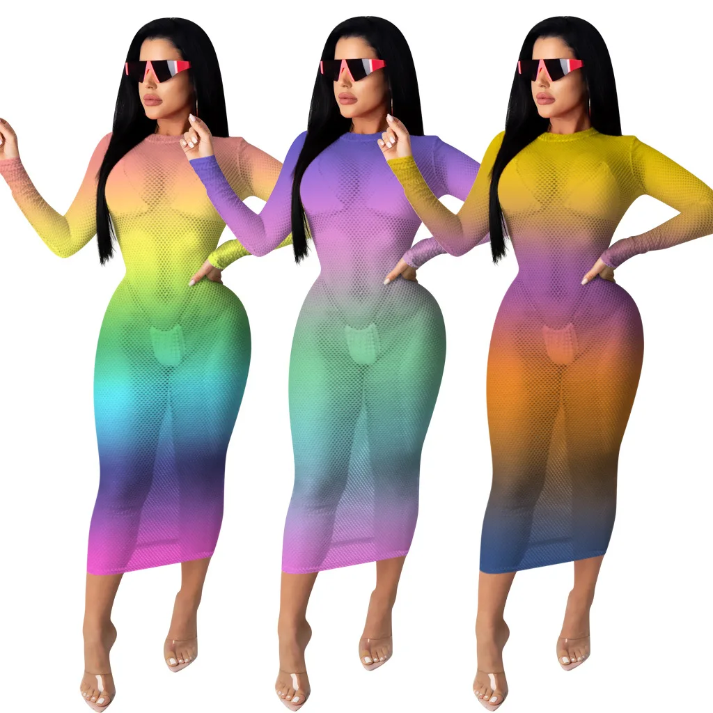 

Women hollow see-through mesh gradient printing long dress sexy nightclub dresses