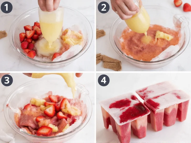 Step-by-step process of making layered fruit popsicles in molds