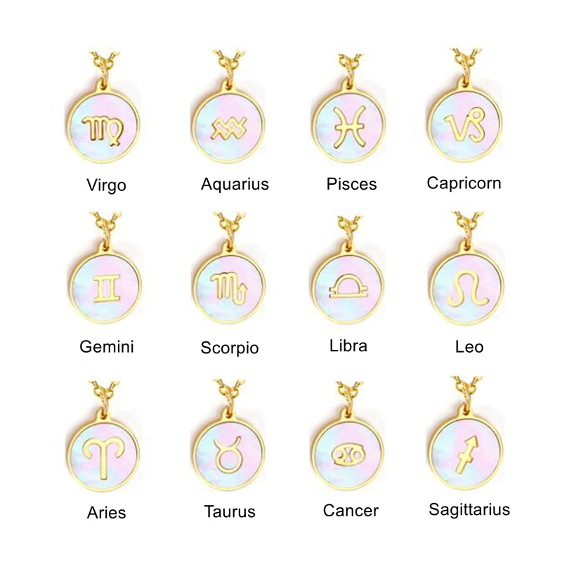 

Stainless Steel Necklace 18k Gold Plated Round Disc Colorful Shell Fashion 12 Zodiac Necklace