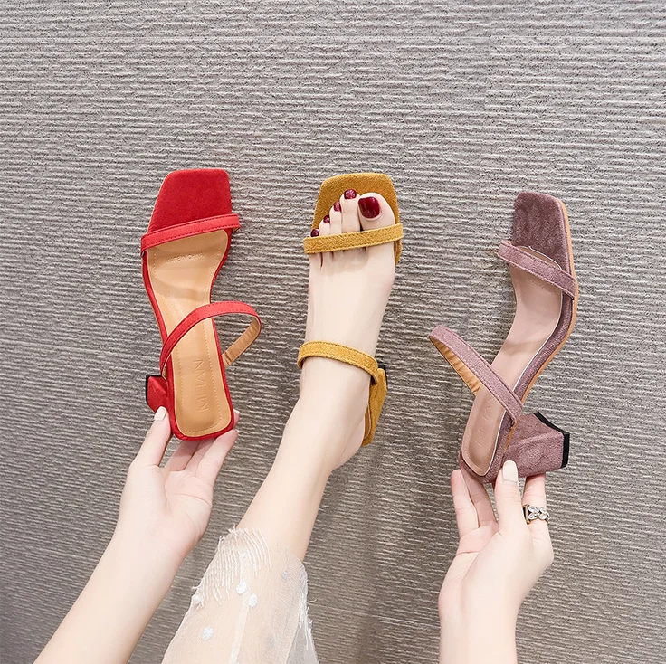 

zjL2 Hot Sale Summer Women Shoes Square Open Toe Block Heels Sandals Slippers for Ladies, Yellow, red, black, pink, coffee, beige