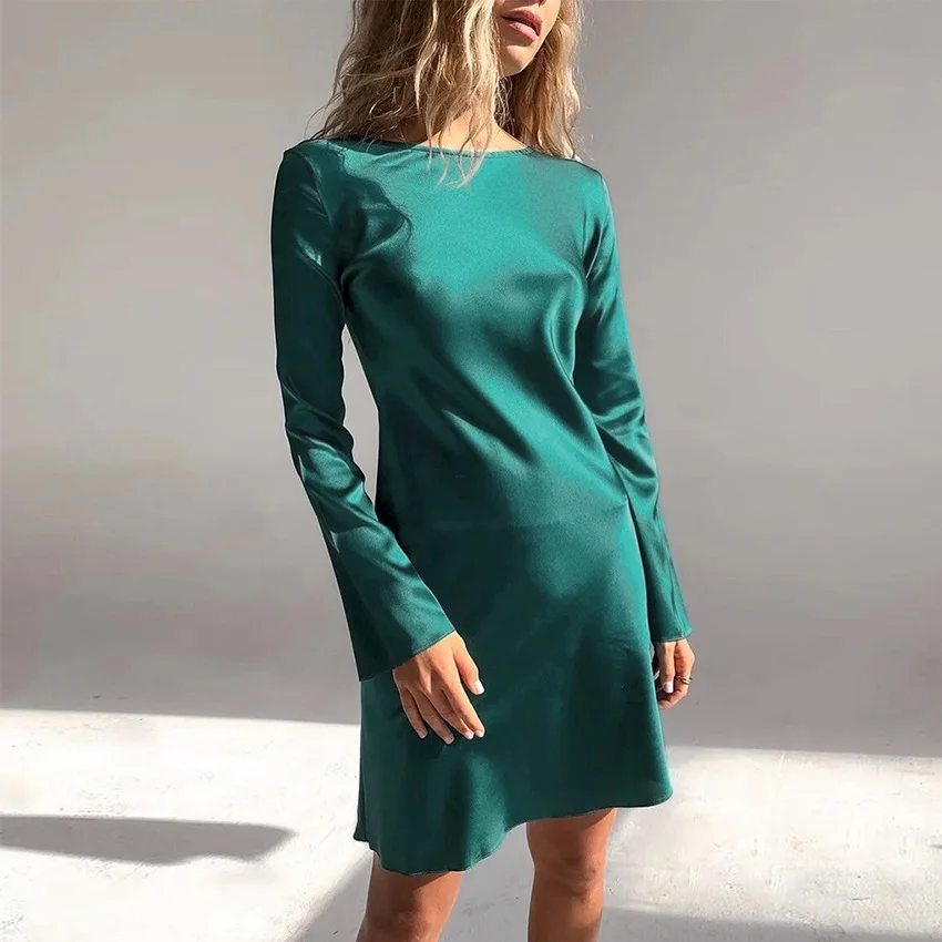 

Wholesale Dresses Latest Solid Color Loose Dress Lady Long Sleeve High Waist Green Satin Midi Dress