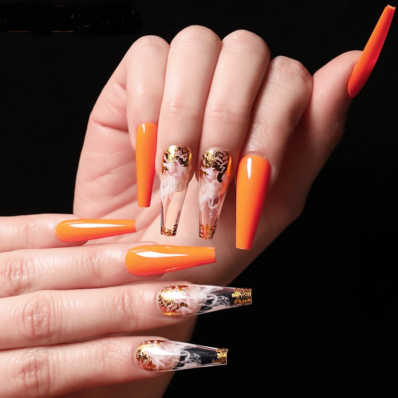 

High Qualtiy Long Coffin Nails French Type Art Orange Red Smoke Pattern False Nails Full Cover Fashion Art Press On Nails Box