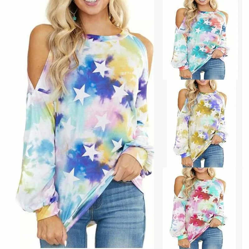 

Spring fashion women's strapless loose long-sleeved tie-dye star print blouse women