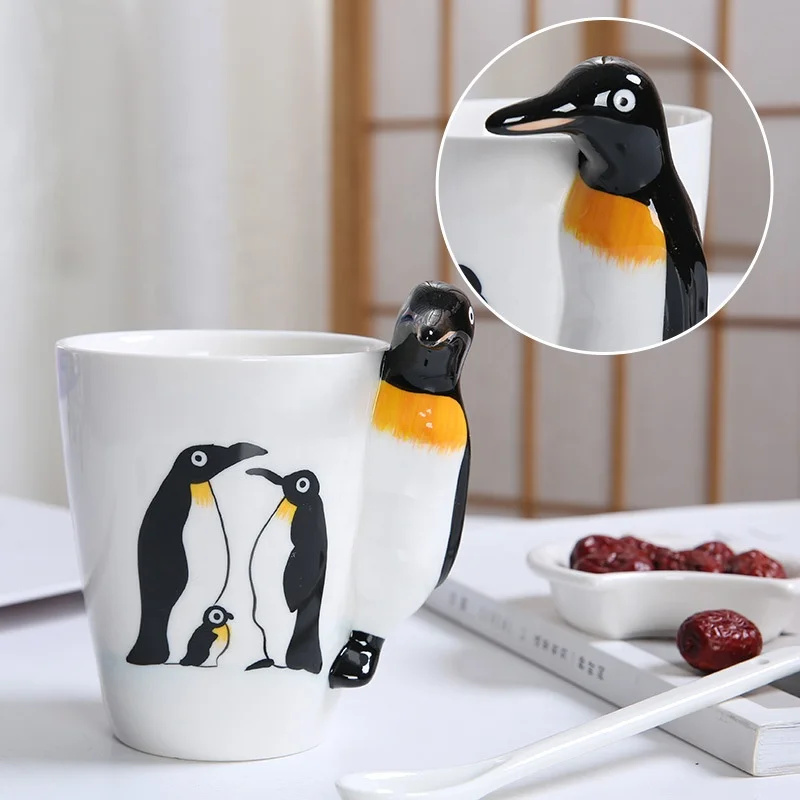 

Custom design shape OEM ODM handmade painting hand painted 3d animal penguin ceramic water coffee cup for child
