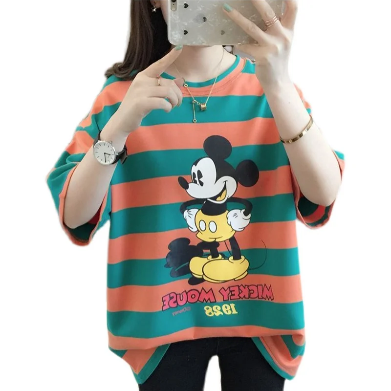 

Summer striped short-sleeved t-shirt women's pure cotton loose Korean cartoon printing 2021 new top T-shirt shirt M-4XL