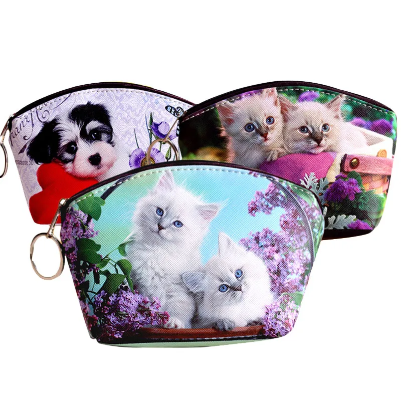 

Creative Unisex Fashion Creative Cartoon Animal PU Zipper Change Key Bag Kawaii Dog Cats 3D Print Coin Purse