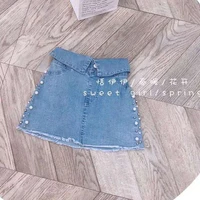 

2020 New Fashion Girl Turn Down Waist Denim Skirt with Pearls Stylish Summer Mini Jean Skirt for 2-6T