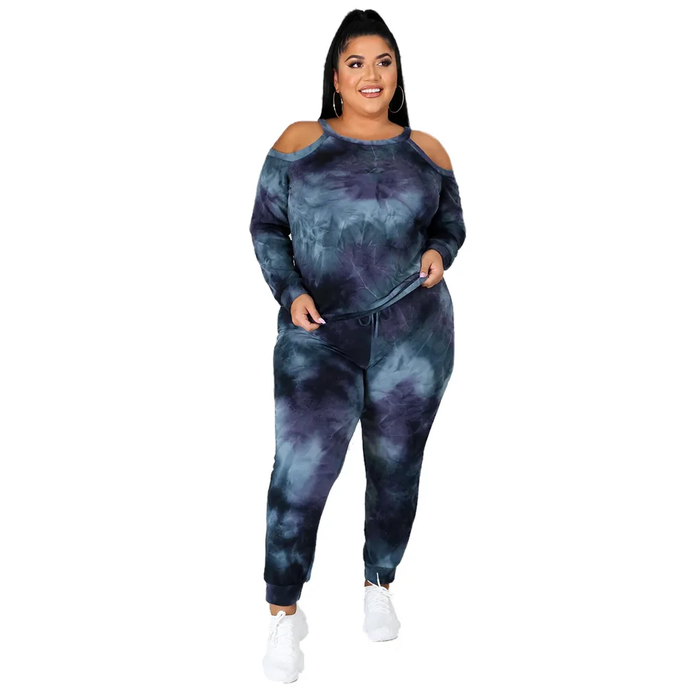 

Factory wholesale European hot style strapless round neck plus size tie dye dark casual sports ladies suit