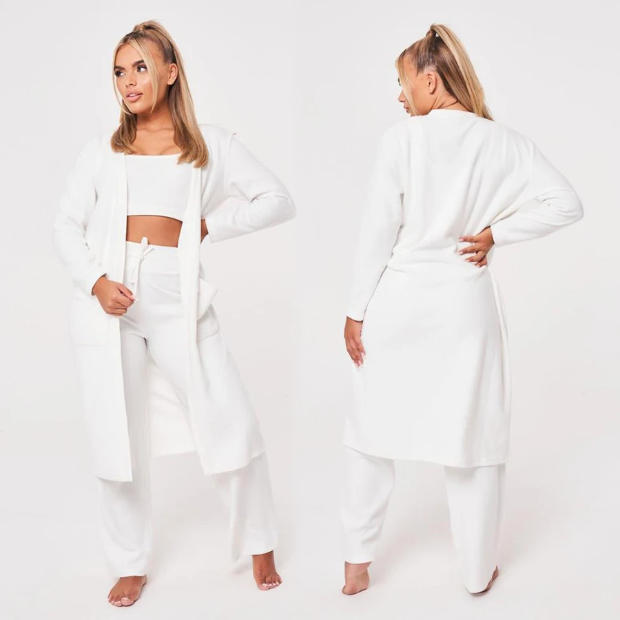 

2021 fashion causal solid print cotton 3 piece women wholesale outfit crop top fall set, White or oem