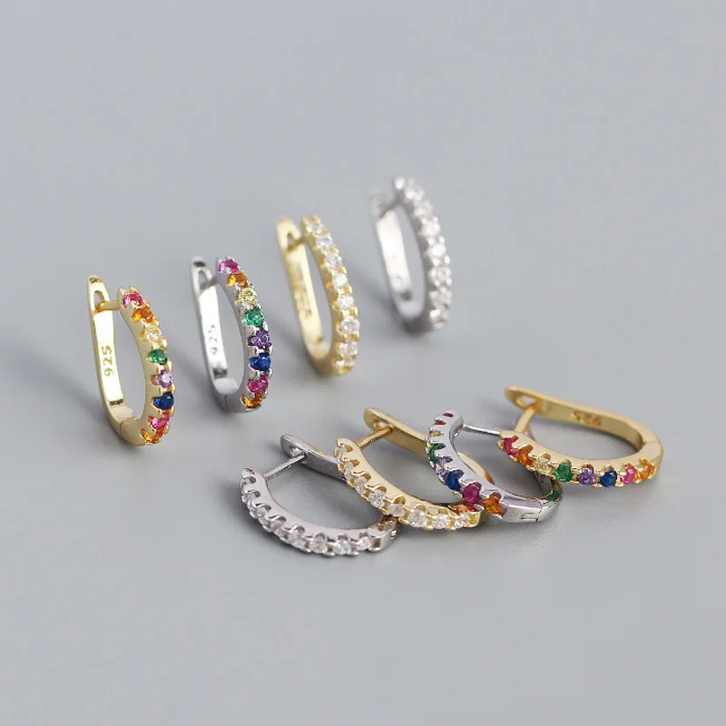 

2022 INS 925 Sterling Silver Fashion U shape white cz rainbow cz hoop earring in gold plated hoop earrings for women