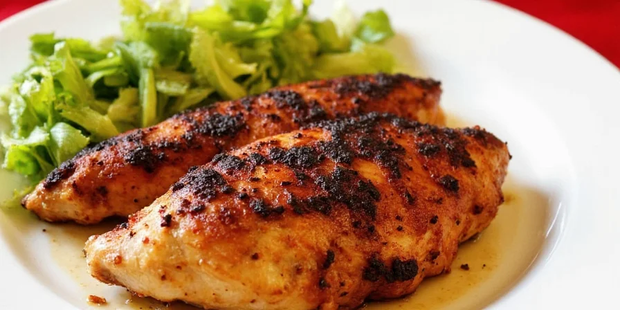 Finished blackened chicken on a wooden cutting board