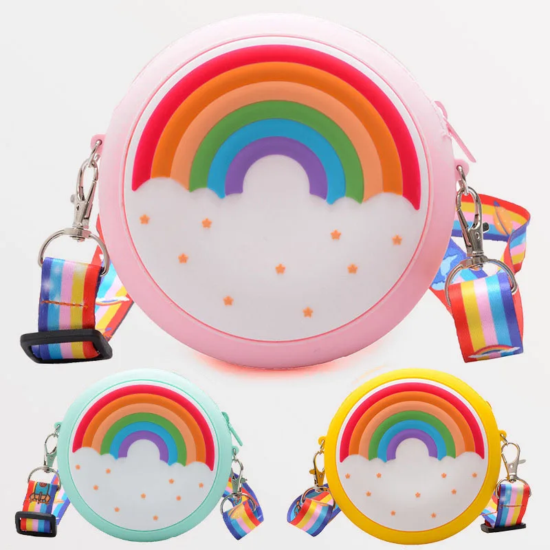 

Wholesale cute rainbow PU kids coin bags fashion baby girls shoulder purse bags, As picture show