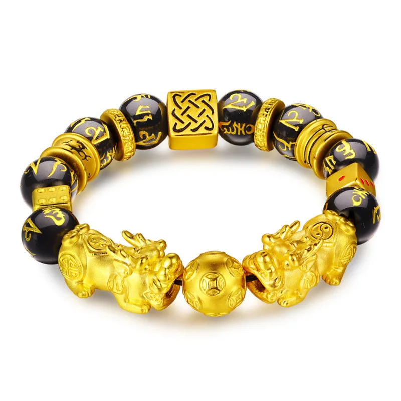 

Fashion Gold Plated Charm Pi Xiu 3D 12mm Black Obsidian Gemstone Beads Women Mnes Good Lucky Feng Shui Wealth Pixiu Bracelet, As picture
