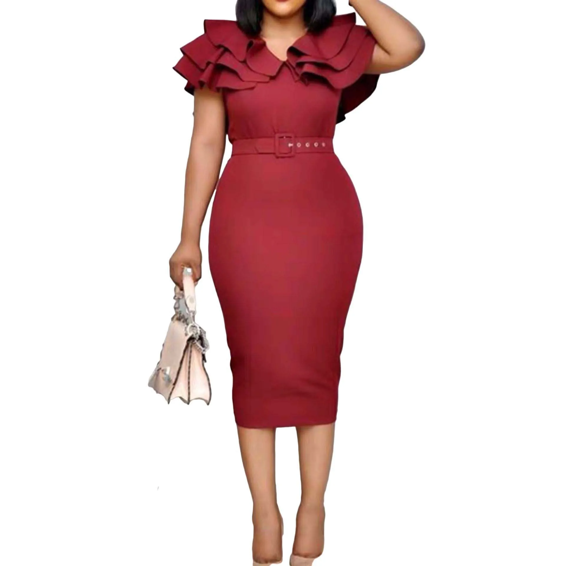 

Casual O-neck Waist Belt Ruffles Red Package Hip African Office Dress