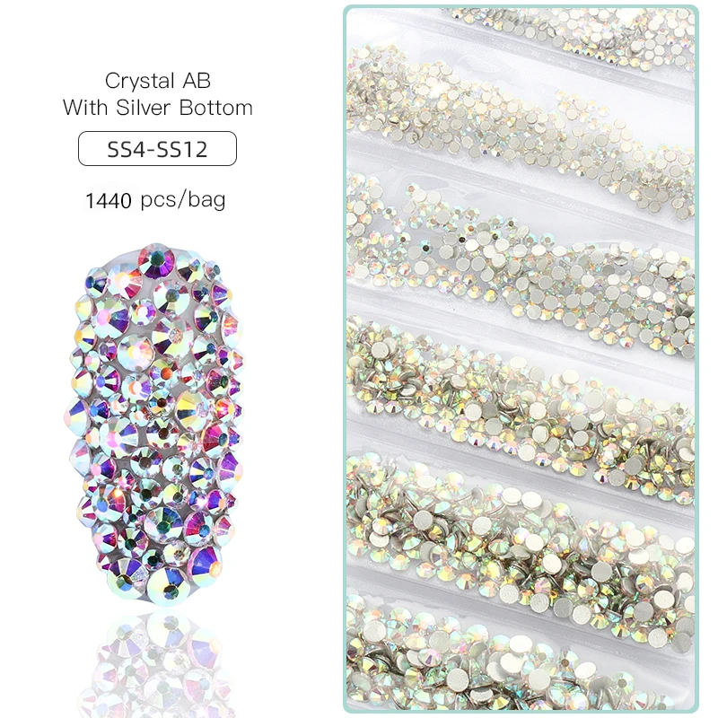 

Xiaopu Hot Selling SS4-SS16 Mixed Sizes AB Color 6 Grids Non Hot Fix Nail Art Decoration Nail Crystal Rhinestone for Nail Art