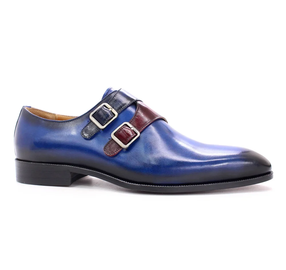 

Blue Leather Slip On Men Shoes Double Monk Strap Pointed Toe Dress Shoes, Requirement