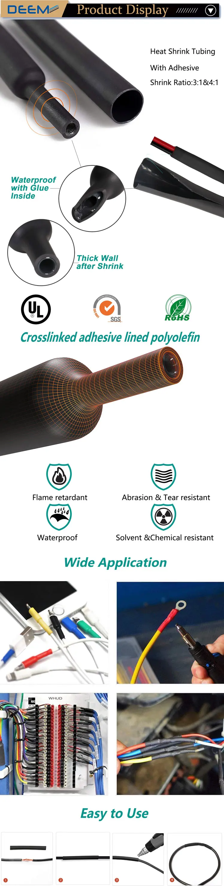 DEEM Hot Melt Adhesive Coated black heat shrink tube for electrical insulation