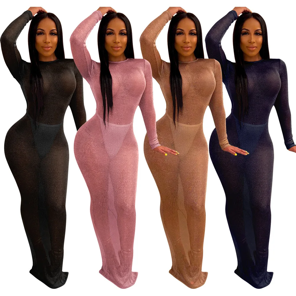 

Chic See Through Nightclub Sexy Wear Backless Long Sleeve Party Dress Fitted Clothing Elegant Women's Dresses -PT, Black,khaki,pink,navy blue