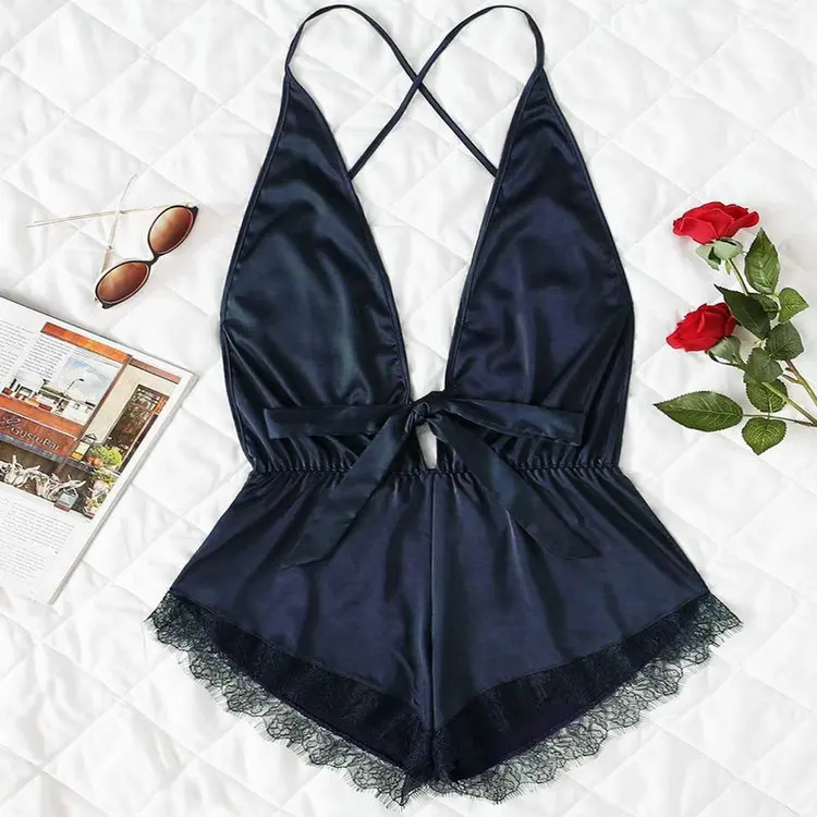 

Ladies sexy lace trim knot front satin teddy bodysuit, Blue / green