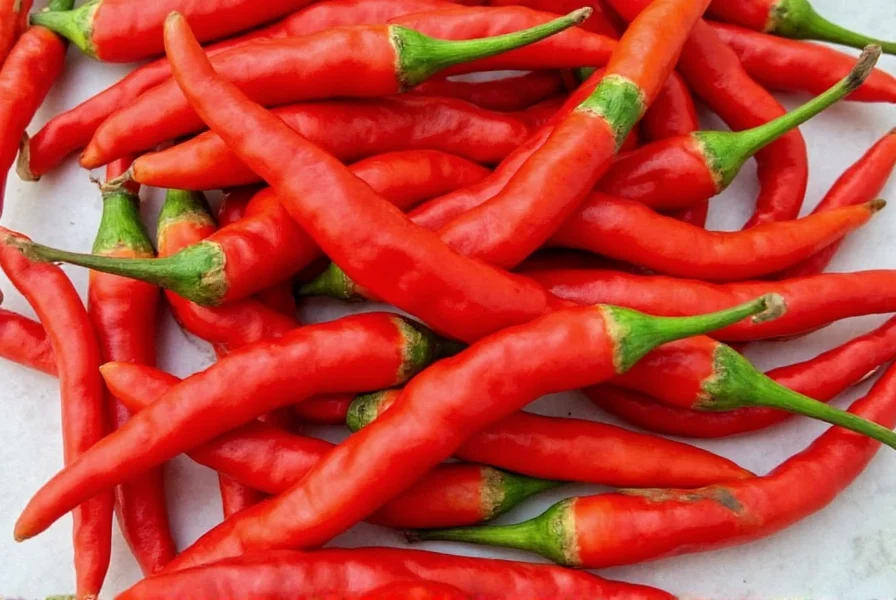 Close-up view of fresh red cayenne peppers on a wooden cutting board with chef's knife showing proper slicing technique