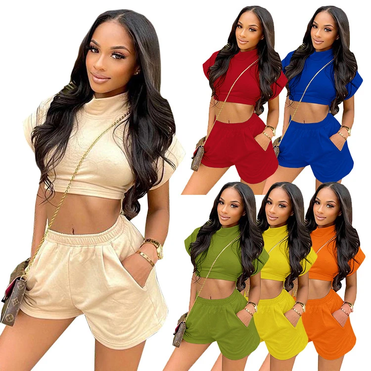 

DUODUOCOLOR Individuality fashion solid color crop top round neck pocket sexy women two piece shorts set D98090