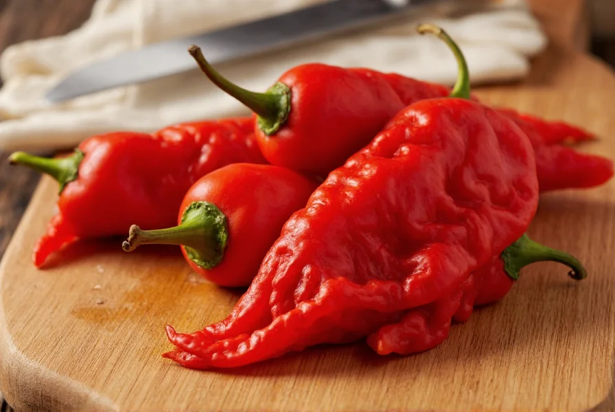 Close-up photograph of ghost peppers (Bhut Jolokia) showing their distinctive wrinkled texture and red color on a wooden cutting board with safety gloves nearby