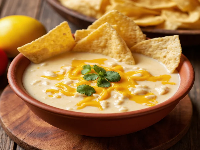 Creamy queso blanco in clay bowl with tortilla chips