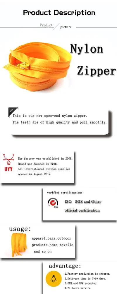 
Auto lock Orange 20 cm Open End 5# Nylon Zipper for Garment and Shoes 