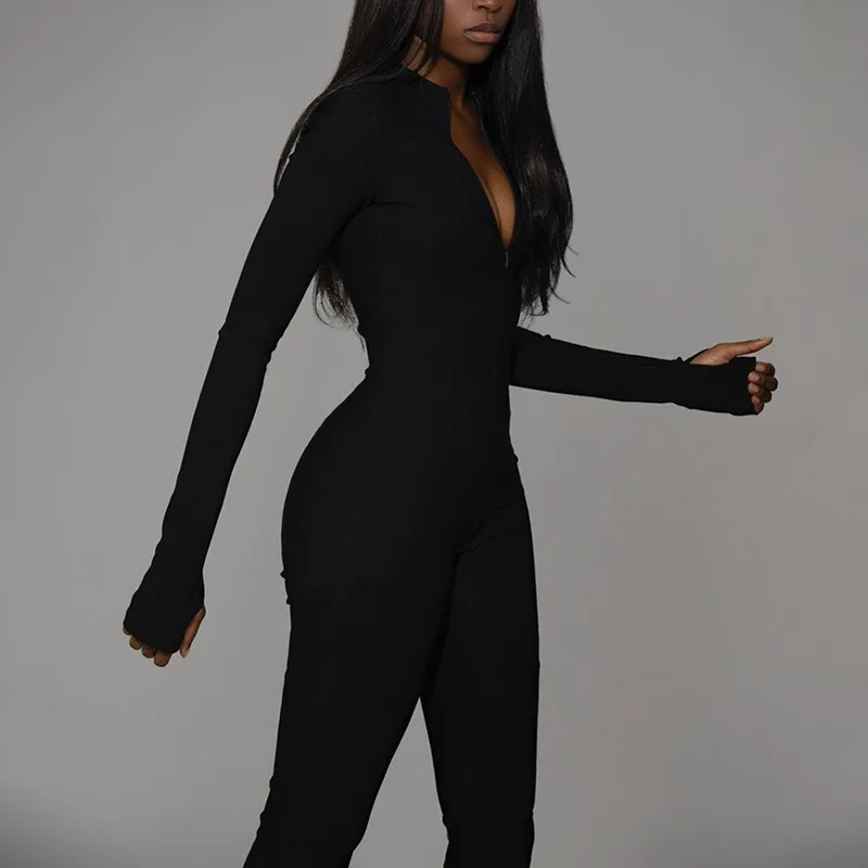 

Black White Sexy Bodycon Tracksuit Jumpsuits Women Fitness Romper Long Sleeve Jumpsuit Zipper Bodysuit Body Mujer
