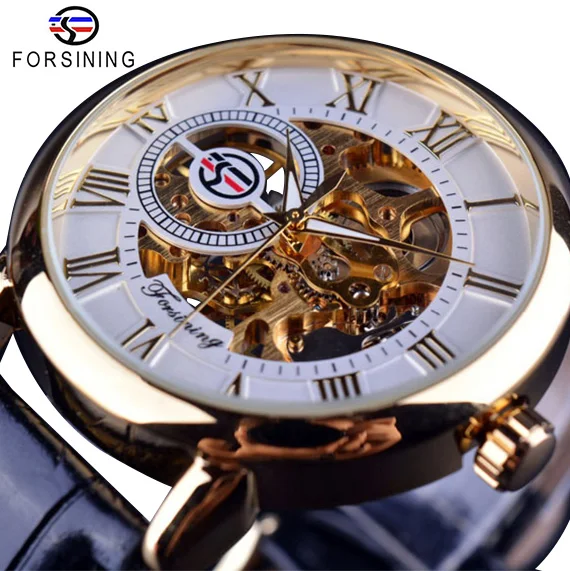 

Forsining Men Watches Top Brand Luxury Mechanical Skeleton Watch Black Golden 3D Literal Design Roman Number Black Dial Clock