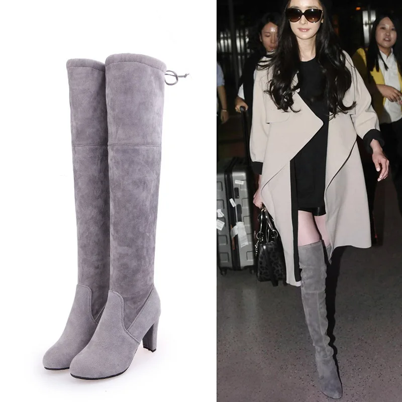 

Fashion Women Thigh High Suede Boots Female Suede Leather High Heels Lace up Female Over The Knee Boots Plus Size Shoes