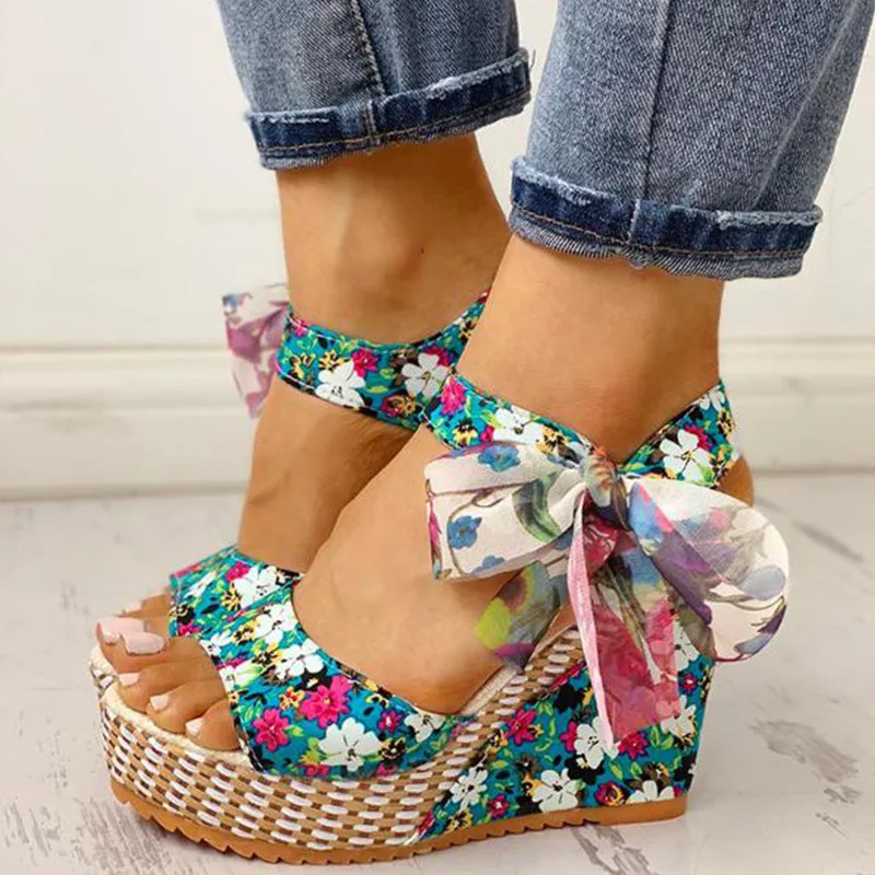 

Women Summer Wedge Female Floral Bowknot Platform Bohemia High Heel Sandals Fashion Ankle Strap Open Toe Ladies Shoes