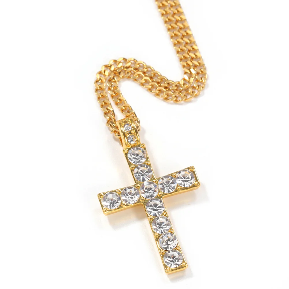 

Men Jewelry Christian Jesus Religious Cubic Zirconia Cuban Chain Gold Plated Big Diamond Cross Necklace