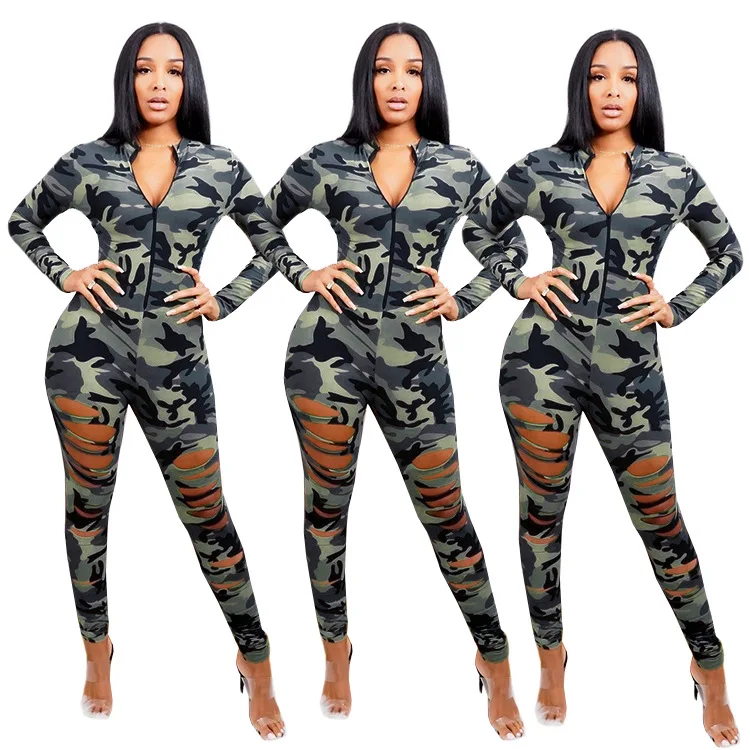 

European And American Women's Digital Printing Burnt Flower Hole Zipper Camouflage Temperament Commuter Jumpsuit, Picture