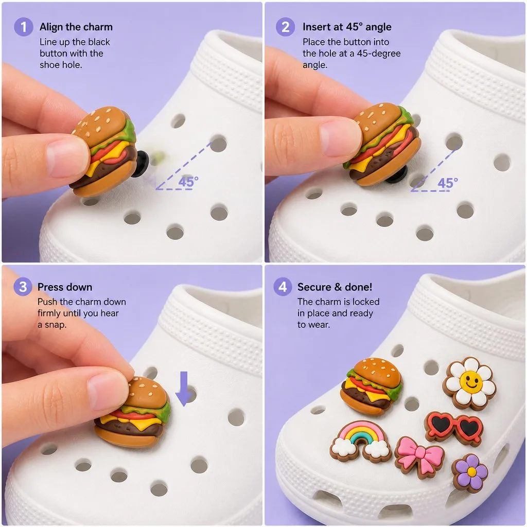 Four step guide showing charm alignment, 45 degree insertion, press down and finished fit