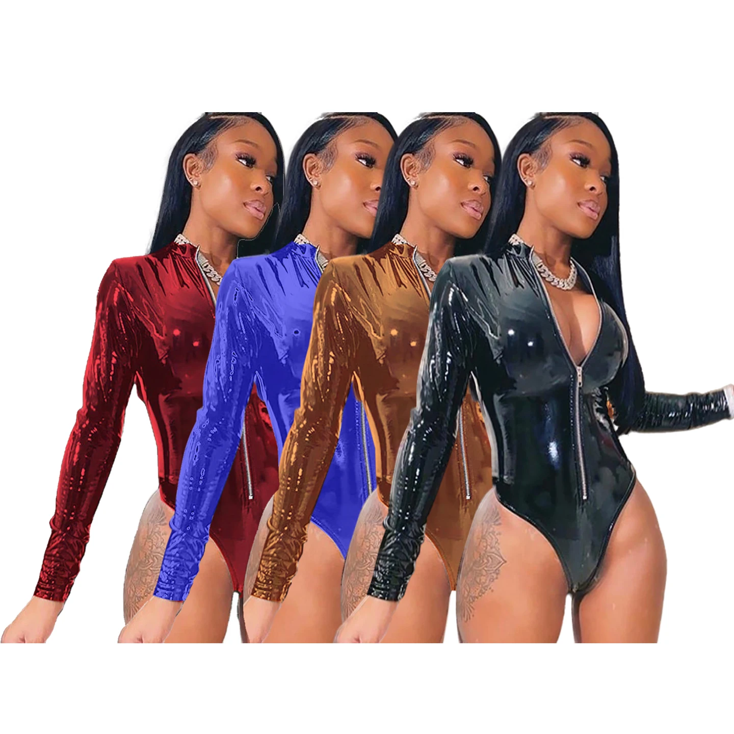 

Newest Solid Glossy PU Leather Jumpsuit For Women Elasticity Skinny Zipper Long Sleeve One Piece Romper