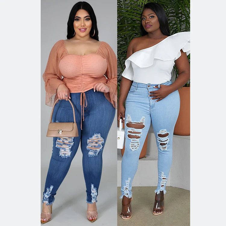 

2020 New Fashion Style ripped washed skinny denim plus women jeans