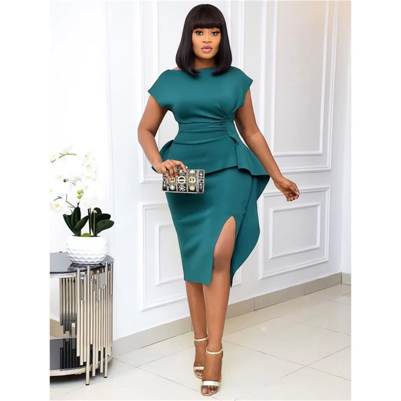 

Visualize Bodycon High Split Dress Classy Hip Wrap Female Career Plus Size Ruffles Dresses Women Office Dress, White ,green