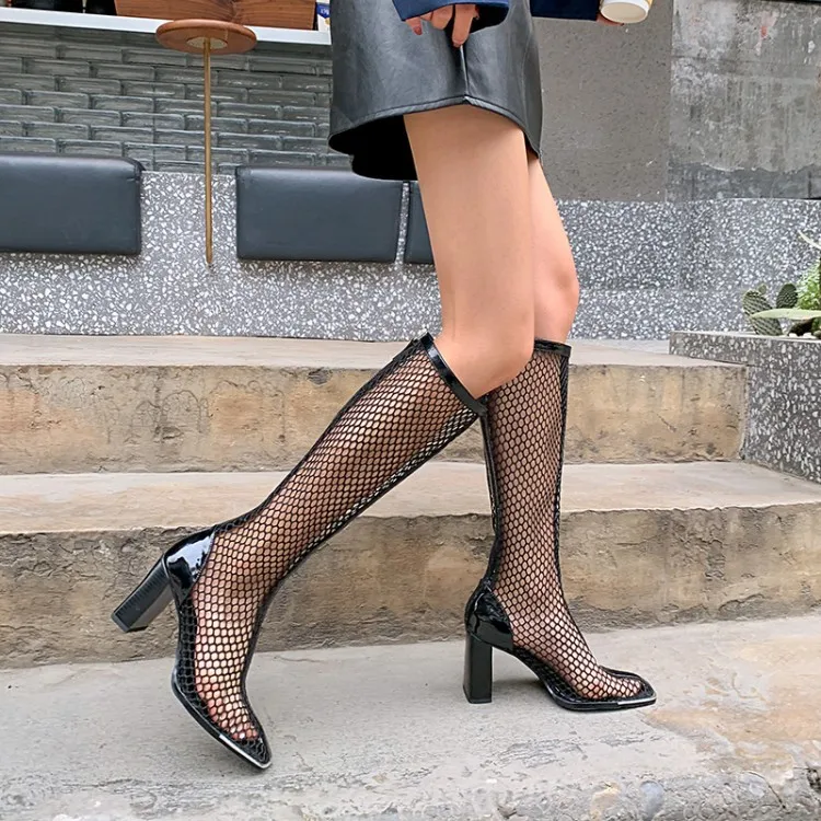 

2020 European and American sexy hollow mesh boots thick heel square toe women's sandals high heel boots, Different colors and support to customized