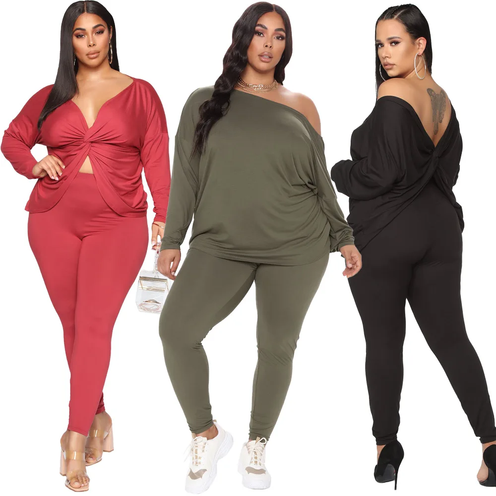 

10910-SW44 Fashion Multiple Ways To Wear Plus Size Long Sleeve Backless Two Pieces Women's Sets, Red, black,army green